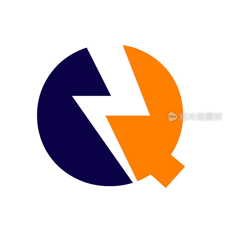 电源标志Q字母和闪电能源技术。Power Q字母标志设计与闪电雷电螺栓模板
